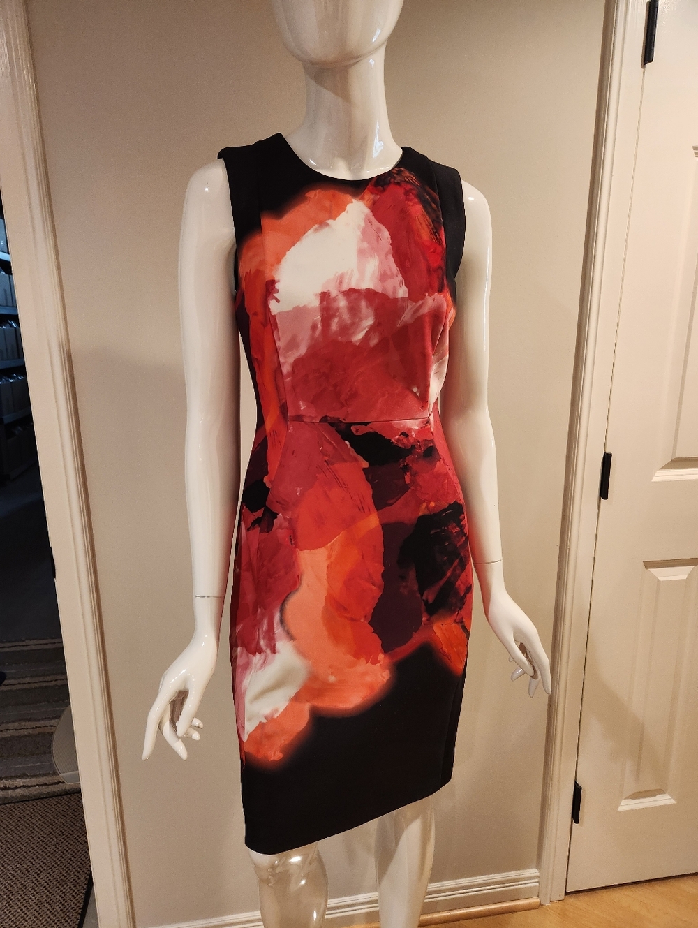 Calvin Klein Sleeveless Abstract Red Pink & Black Sheath Dress